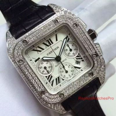 Swiss Replica Cartier Santos 100 Diamond Watch Diamond Bezel 7750 Automatic
